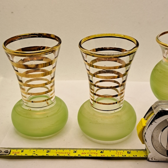 4 Small Vintage Bartlett Collins Green Frosted Glass, Hand Painted Vases - Picture 3 of 8
